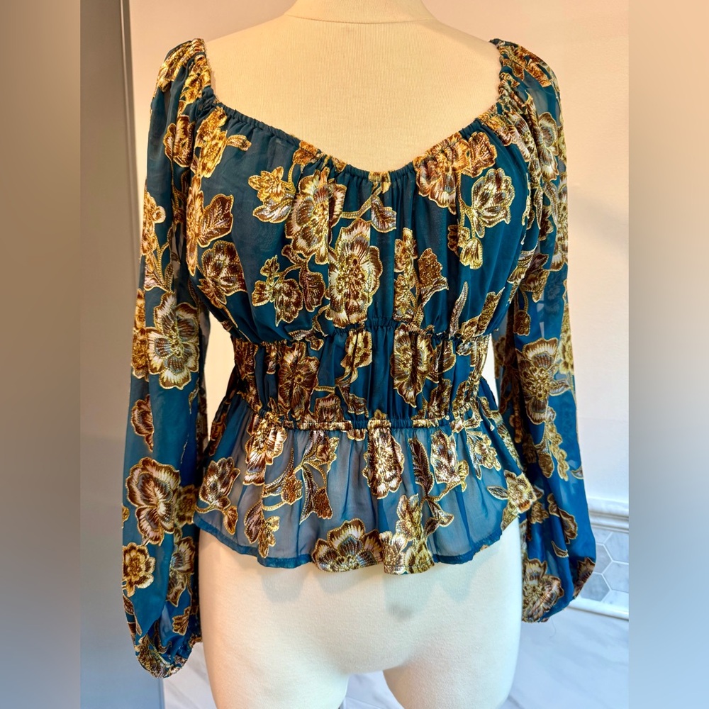 Shyanne Teal and Tan Burnout Floral Peplum Blouse Sz S
